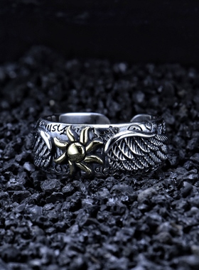 太阳花羽毛精工指环男士开口可调节高级感小众925纯银戒指男个性