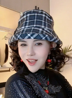 假发一体格子渔夫帽女秋冬时尚遮白发假发帽子中年妈妈礼帽
