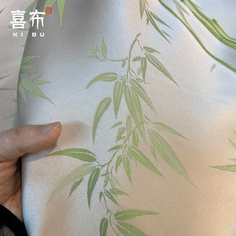 竹叶浅粉绿竹叶棉织锦提花面料手工DIY花卉汉服服装旗袍优质布料 - 图2