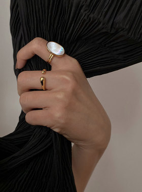 跨境欧美S925银夸张戒指女复古时尚贝母七彩开口指环气质食指戒潮