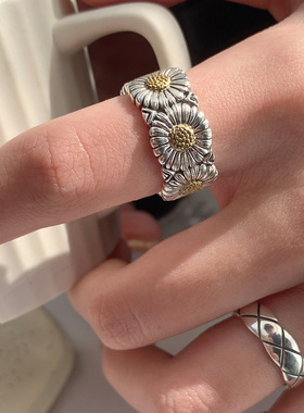 个性雏菊戒指女复古时尚重工S925银几何网格开口指环嘻哈食指戒潮