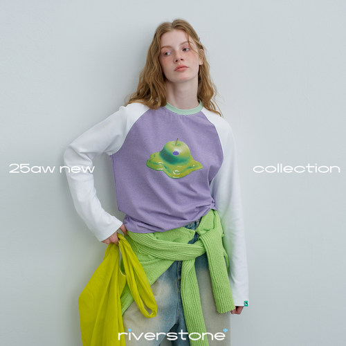 riverstone plus水果印花插肩袖长袖T恤女秋季撞色条纹打底衫上衣 - 图0