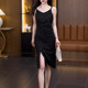 ສິ້ນ suspender ສີດໍາ 2026 ລະດູຮ້ອນໃຫມ່ waist pleated dress high-end temperament slit ກະທັດຮັດກາງຍາວ skirt