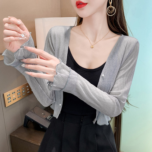 Cardigan ສີຂາວ chiffon ສໍາລັບແມ່ຍິງ, shawl ບາງທີ່ມີກະໂປງ suspender, ເສື້ອກັນແດດແຂນຍາວໃນລະດູຮ້ອນ, ເສື້ອຢືດ tulle