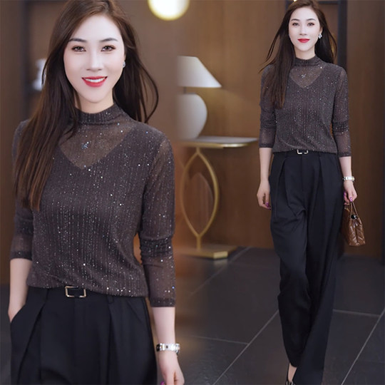 秋季新款半高领网纱打底衫女内搭时尚百搭小衫设计感显瘦洋气上衣