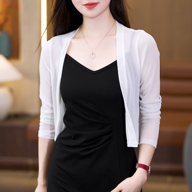 ເສື້ອຢືດ cardigan ຕາຫນ່າງຜ້າໄຫມສົດໃສສໍາລັບແມ່ຍິງ 2026 ຮູບແບບໃຫມ່ shawl ຂະຫນາດນ້ອຍທີ່ມີ skirt suspender ແລະ sun protection blouse waistcoat ແຂນຍາວ