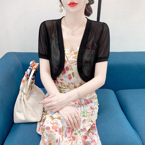 冰丝短袖透气开衫女夏季披肩短款高腰小坎肩吊带裙外搭薄外套罩衫 - 图0