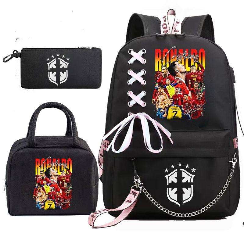 2026新款热销C罗Ronaldo中学生校园书包背包笔袋午餐包三件套,淘宝优惠券,粉丝福利购,淘宝优惠卷