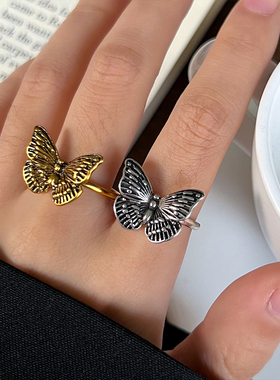 复古做旧蝴蝶925银开口戒指