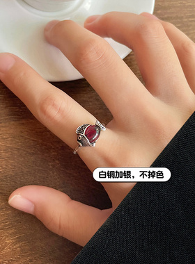 334号复古做旧小鱼戒指红色开口可爱鱼戒指泰银开口不掉色