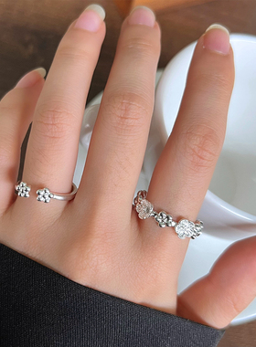 ins风925纯银花朵开口戒指女