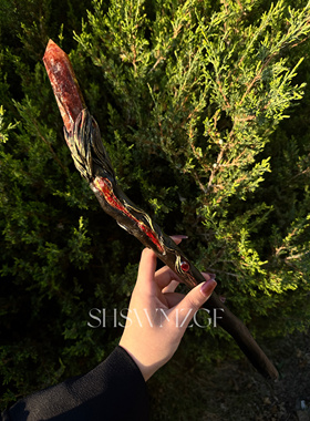 现货红水晶权杖红水晶魔杖红胶花水晶女巫魔杖仪式手工艺品原创孤