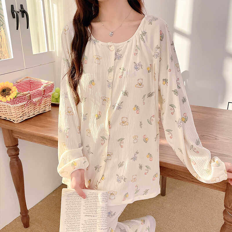 春夏季薄款带胸垫月子服纯棉皱布产后哺乳大码孕妇睡衣怀孕期家居