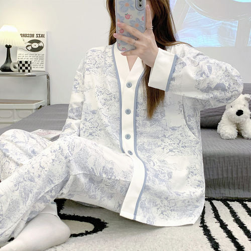 带胸垫月子服春秋纯棉产后产妇哺乳家居服夏季薄款孕妇睡衣喂奶衣 - 图1