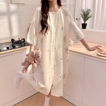 Yunduo Cotton ການລ້ຽງລູກດ້ວຍນົມແມ່ Confinement Nightgown Summer ແຂນສັ້ນກາງ - ຍາວຂະຫນາດໃຫຍ່ຊຸດພະຍາບານຫຼັງເກີດລູກ