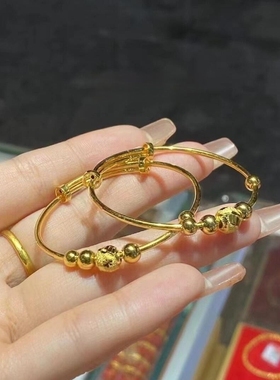 铜镀金岁岁平安宝宝手镯子新生婴儿满月儿童可爱周岁礼物推拉手环