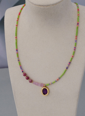 新中式粉色玛瑙石项链女小众设计感串珠锁骨链法式复古叠戴气质