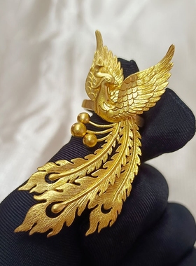 铜镀金古法凤舞九天凤凰花边戒指婚嫁活口戒可调节秀禾结婚金色