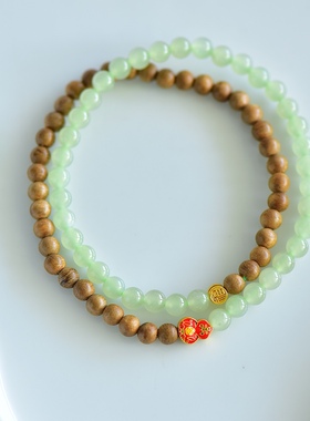 天然和田玉6mm晴水搭沉香檀木双圈手串手串手链女款玉石