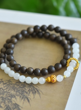 天然和田玉6mm晴白玉檀木双圈手链手串女款玉石手串手饰玉坠挂件