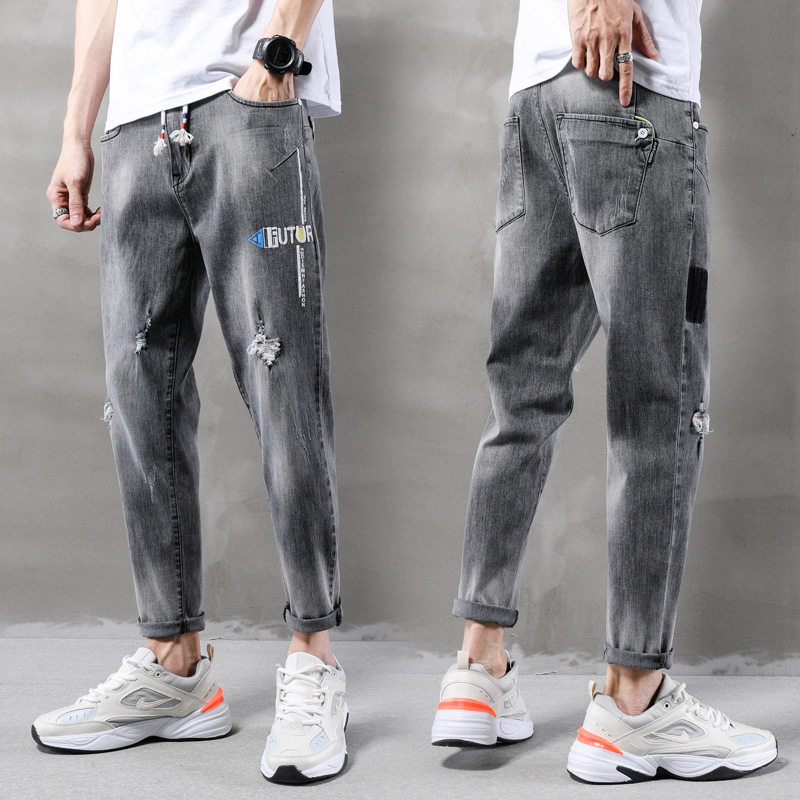 夏天高中学生九八分帅气破洞牛仔裤 宾朗图牛仔裤