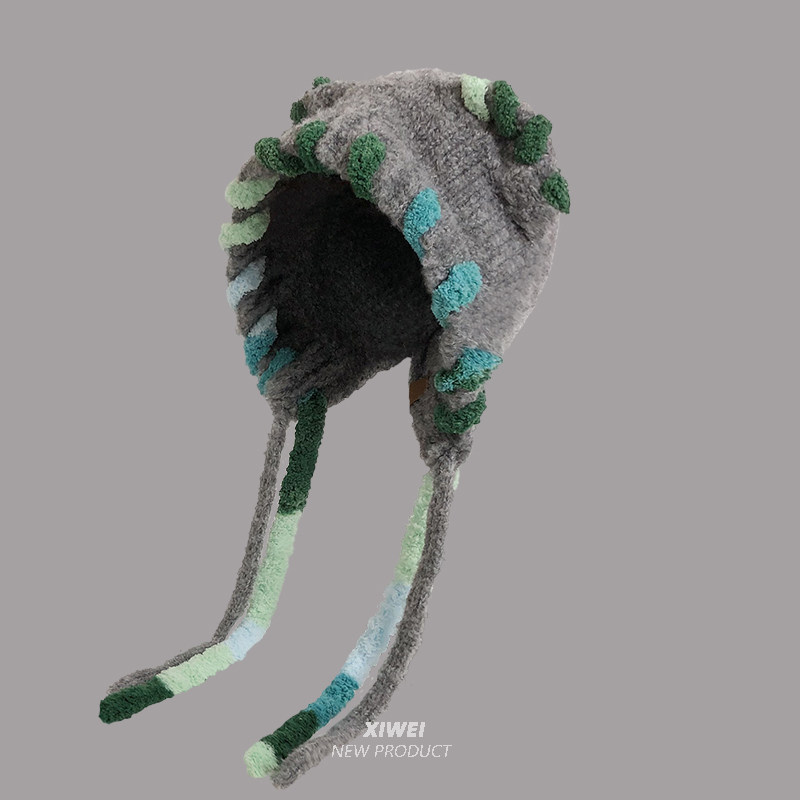 多巴胺猫耳朵毛绒帽女秋冬显脸小针织包头帽秋冬保辫子护耳毛线帽