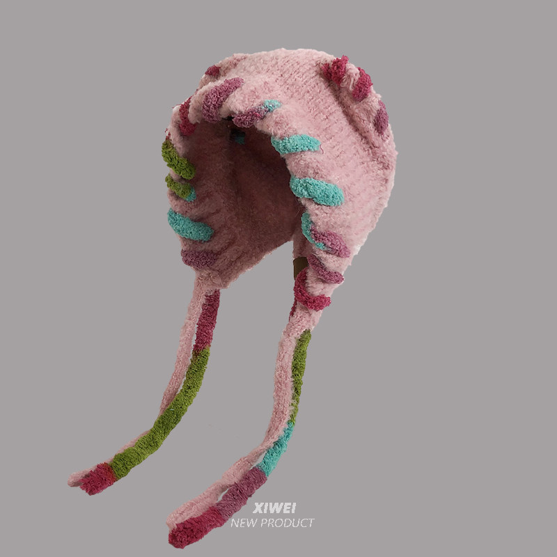 多巴胺猫耳朵毛绒帽女秋冬显脸小针织包头帽秋冬保辫子护耳毛线帽