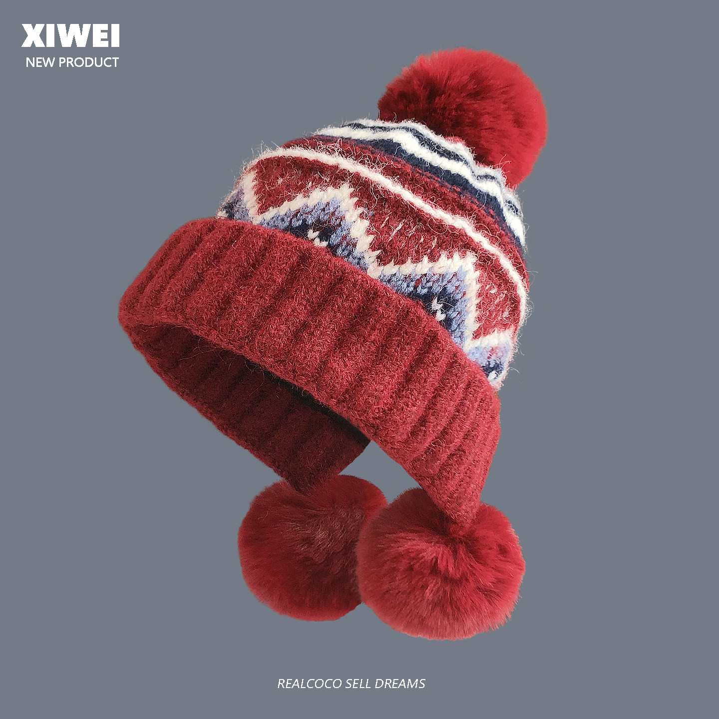 冬季复古毛线帽女加厚保暖护耳帽费尔岛风防寒可爱毛球针织雷锋帽,淘宝优惠券,粉丝福利购,淘宝优惠卷