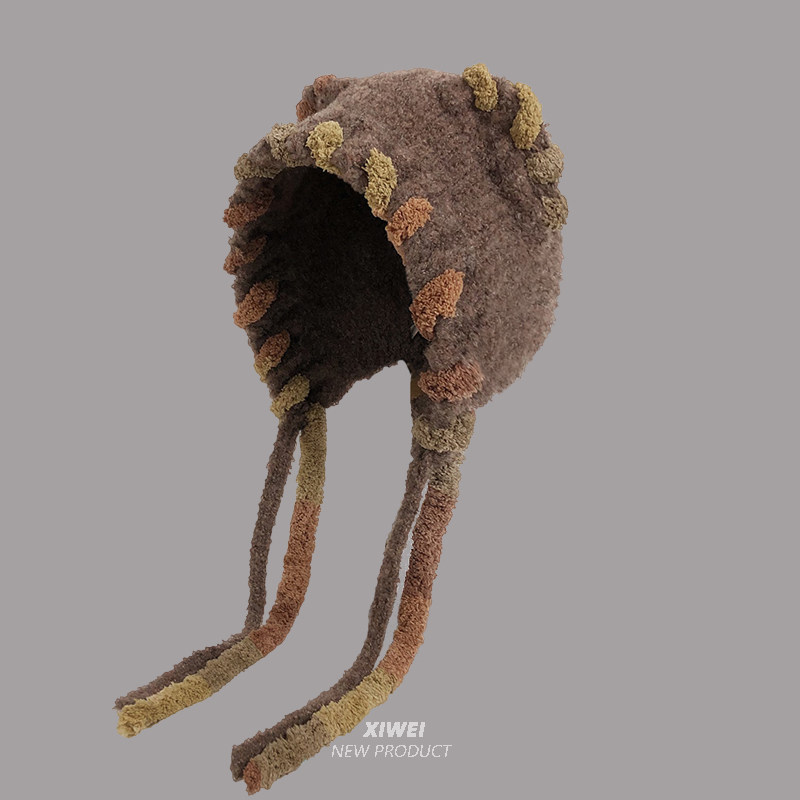 多巴胺猫耳朵毛绒帽女秋冬显脸小针织包头帽秋冬保辫子护耳毛线帽