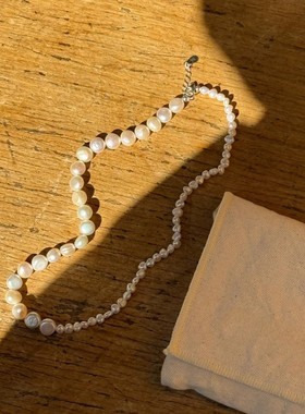 s925纯银不规则天然淡水巴洛克珍珠渐变项链女设计感小众优雅颈饰