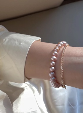 浪漫淡淡的紫 天然珍珠手链女小众设计松紧弹力线925银镀18k金珠