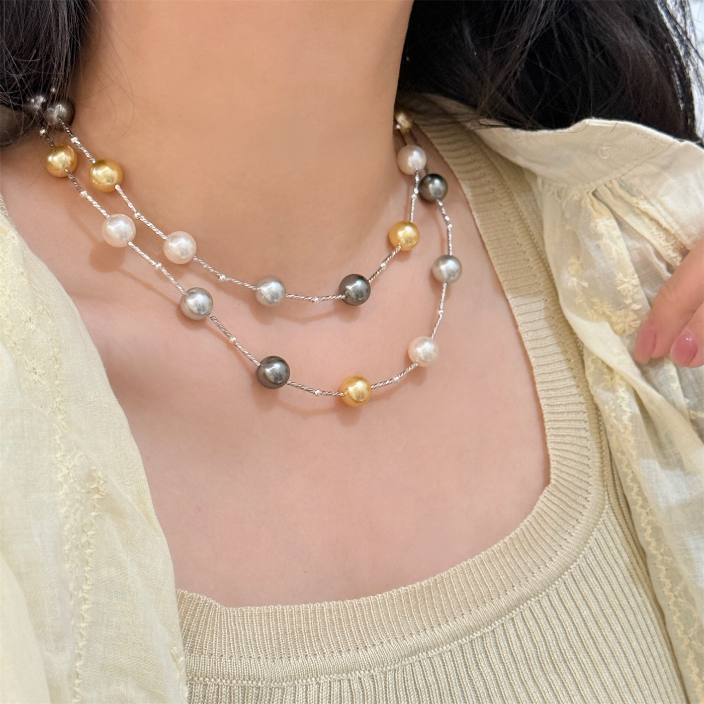 s925纯银混彩珍珠满天星项链女长款毛衣链轻奢高级感小众设计 - 图1