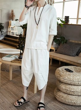 New men's thin linen suit summer Chinese loose large cotton