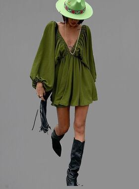 We.Fine Dress Women New Leisure Party Dresses Low Cut Green