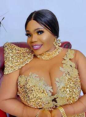 African Women Sequined Prom Dresses Illusion Long Sleeves Hi