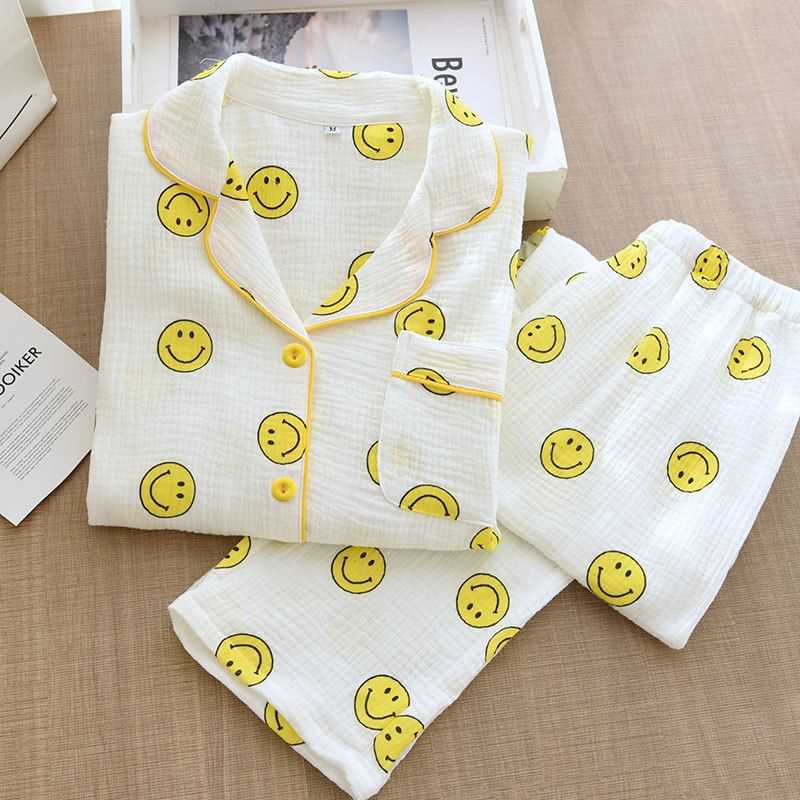 Smile Face Pure Cotton Women Home Clothes Lapel Long-sved - 图2