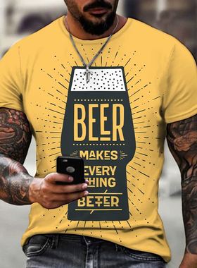 Men's Summer 3D Printed Beer Pattern T -shirt, Casual Fa