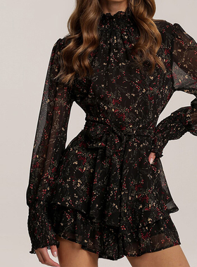 Spring Vintage Perspective Floral Print Dress Women Casual L