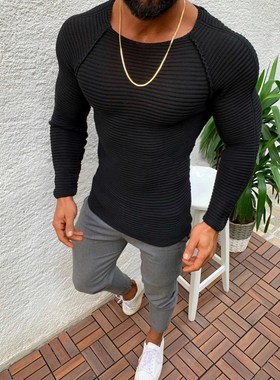 Autumn Winter Men's Pull Striped Sweaters Solid Color Slim K