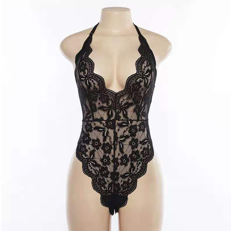 Solid Tone Strap Lace V-Neck Bodysuit吊带蕾丝V领紧身连体衣女-图2