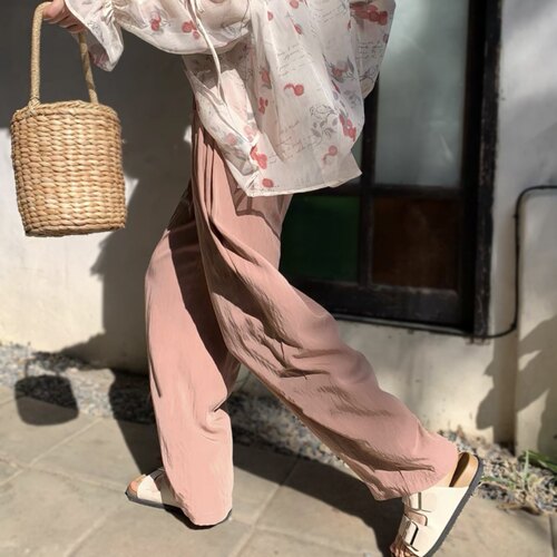 纯色春夏显瘦薄款夏季居家人棉绵绸睡裤沙滩九分宽松阔腿裤可外穿-图3