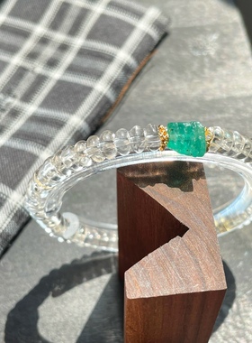 原创设计赞比亚祖母绿原矿单圈白水晶矿物手链实拍现货孤品女珠串