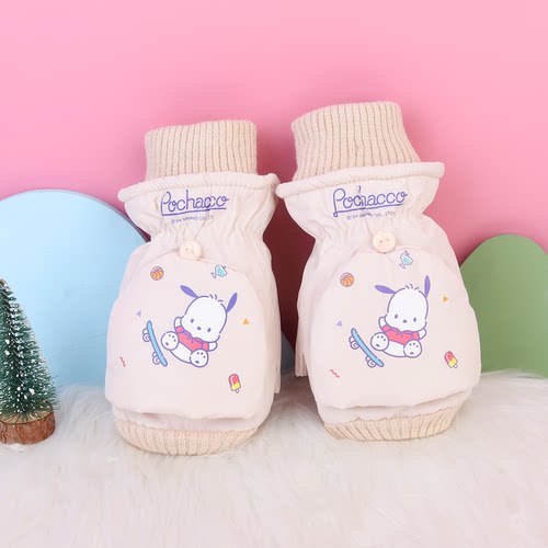 正版冬季儿童成人翻盖两用加绒加厚库洛米美乐蒂防寒防风保暖手套 - 图2