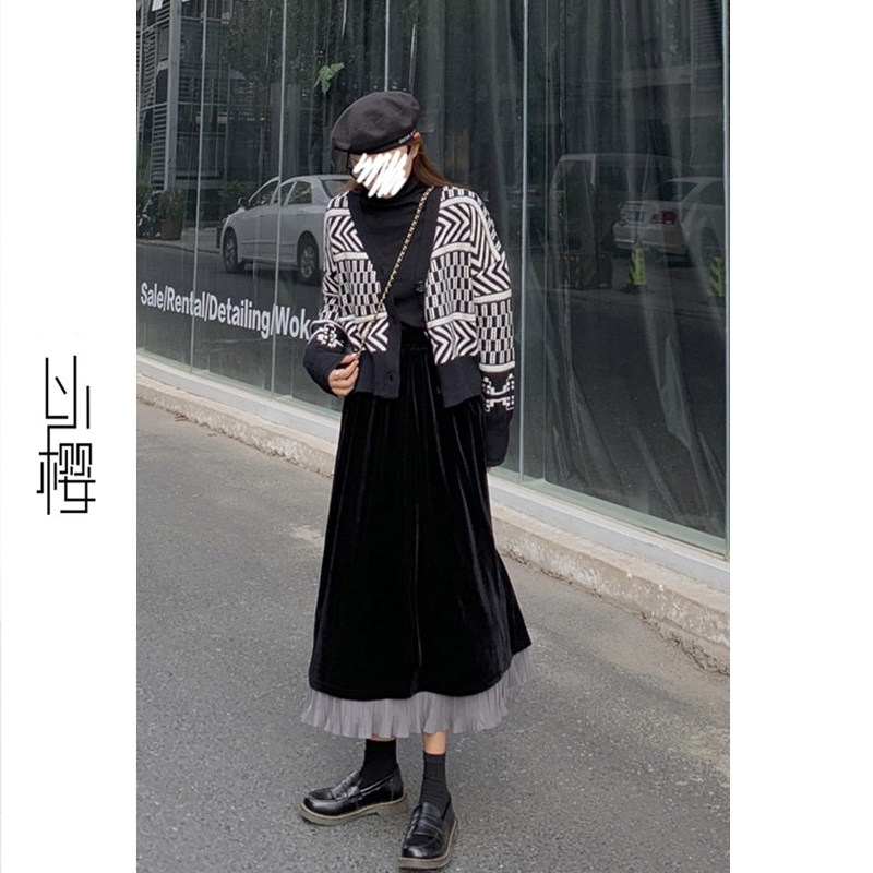 以樱秋冬金丝绒中长款高腰半身裙 以樱半身裙