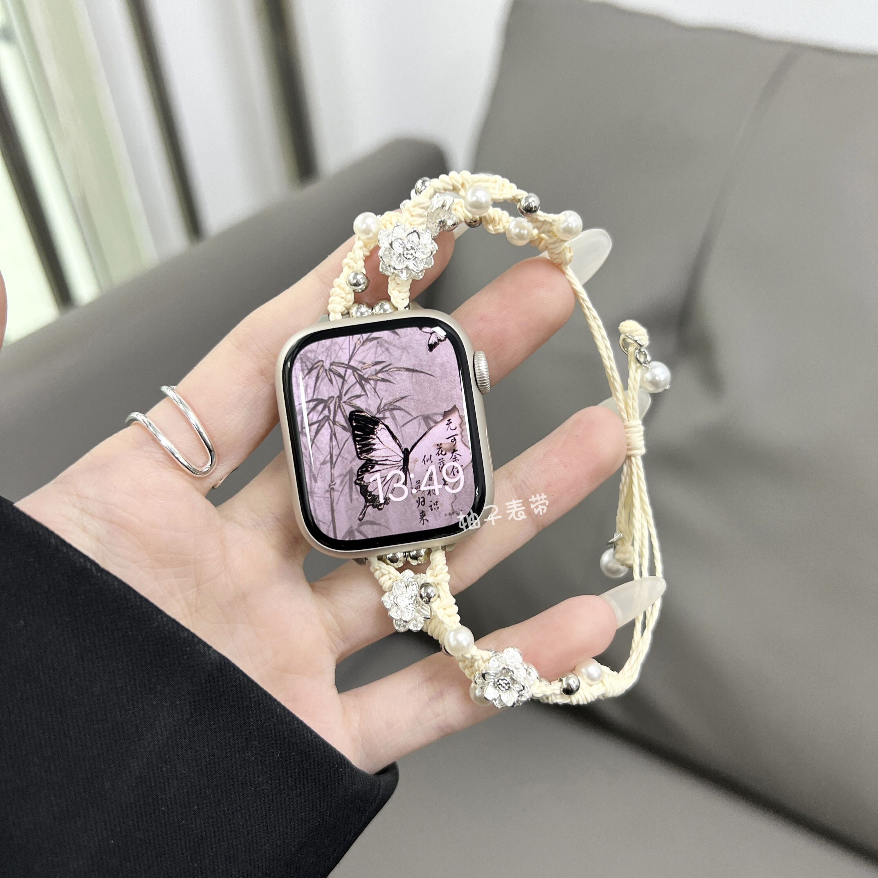 适用苹果手表iwatch9表带夏季新中式莲花编织绳applewatch8透气女 - 图0