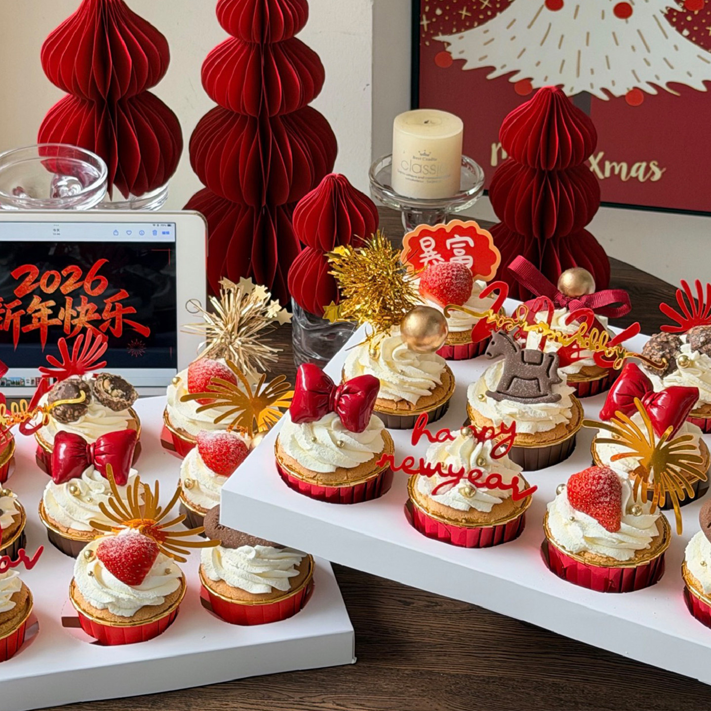 国风2026新年除夕夜家庭聚餐纸杯蛋糕装饰马年祝福插牌礼花亚克力,淘宝优惠券,粉丝福利购,淘宝优惠卷