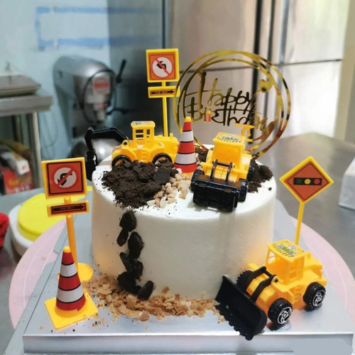 工程车蛋糕装饰挖土机推土机宝宝周岁玩具生日派对摆件插件吊塔 - 图1