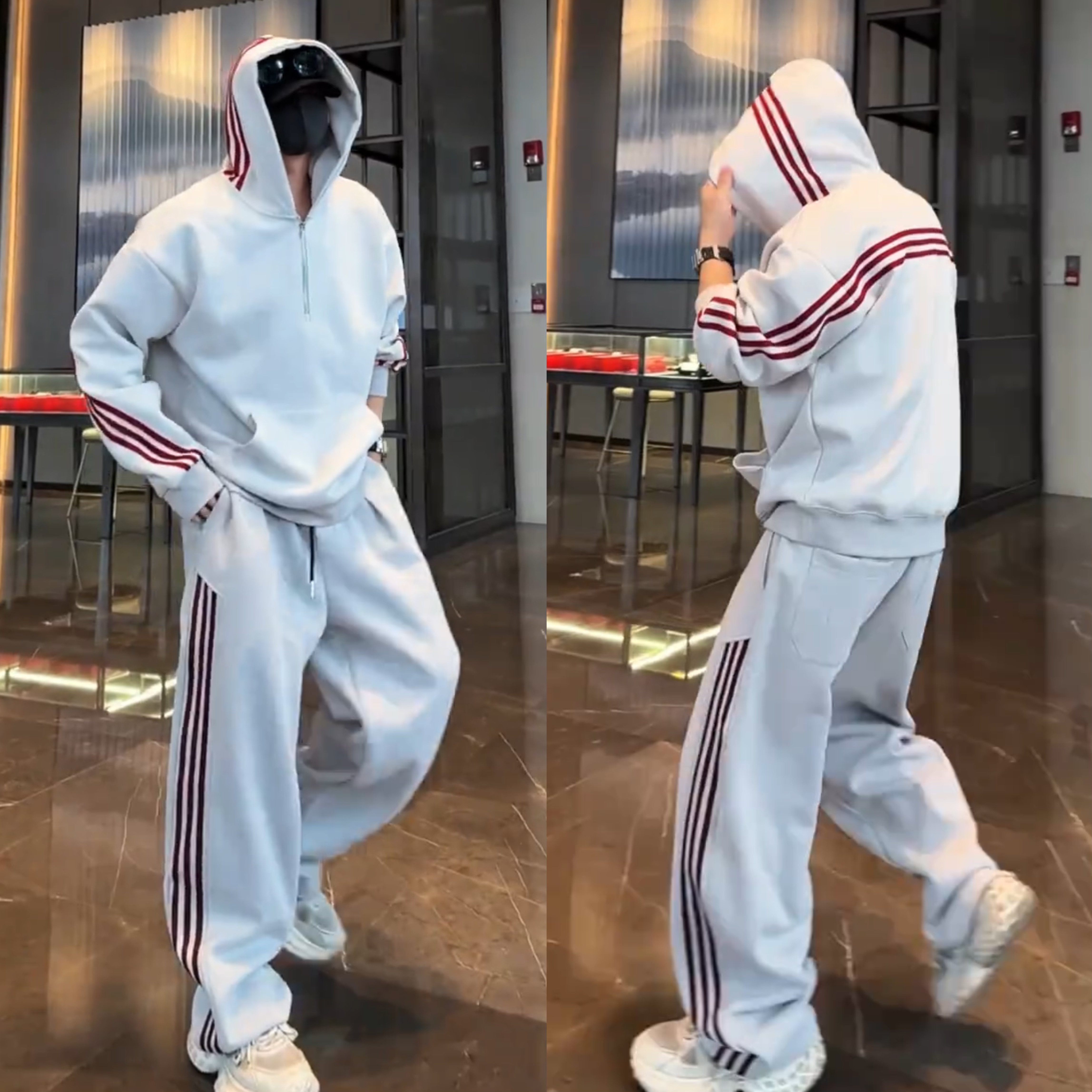 秋季经典三条杠运动休闲套装男宽松半拉链连帽卫衣阔腿长裤两件套,淘宝优惠券,粉丝福利购,淘宝优惠卷