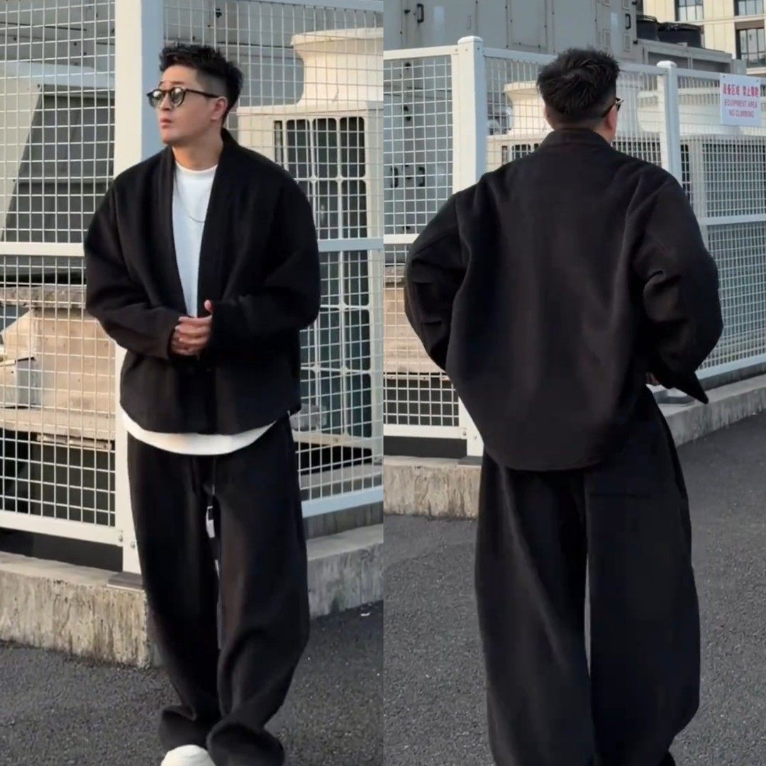 秋冬百搭宽松休闲廓形加厚毛呢休闲套装男纯色开衫外套长裤两件套,淘宝优惠券,粉丝福利购,淘宝优惠卷