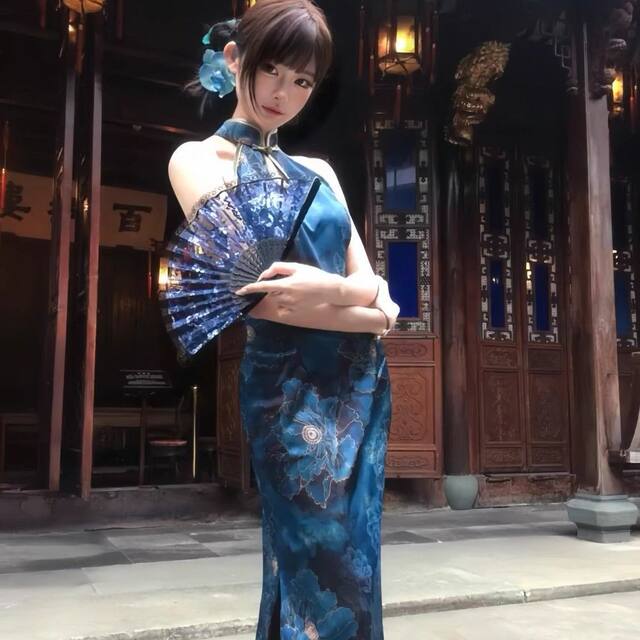 ຮູບແບບໃຫມ່ຂອງຈີນ socialite elegant retro ພິມ slit ປັບປຸງ cheongsam dress slit sleeveless ປຸ່ມ dress ສໍາລັບແມ່ຍິງ
